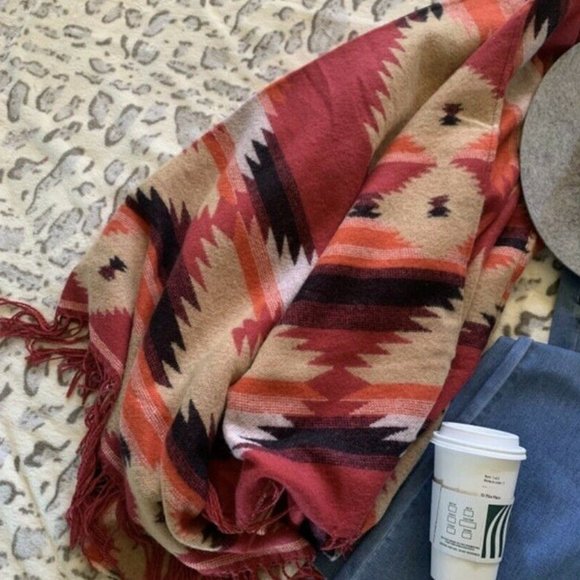 New Western Aztec Native Wrap Blanket Cardigan Sweater Ruana Women's Boho Vtg - Picture 6 of 11